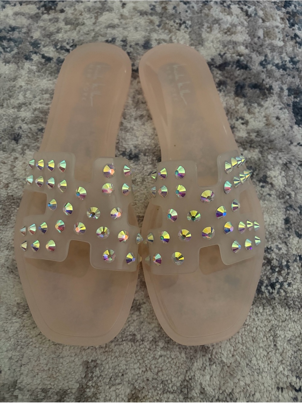 Nicole Miller Nude Jelly Slide Sandals with Iridescent Studs